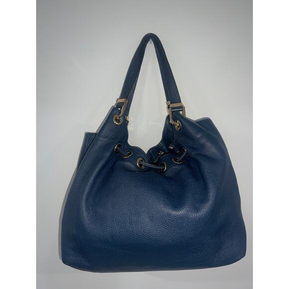 Michael Kors Navy Camden Blue Leather Drawstring Hobo Shoulder Bag Tassel - Picture 5 of 14